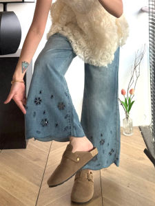 Embroidered Wide Leg Jeans Womens Loose Fit High Waist Straight Cut Nine Point Pants plus Size Slimming Jeans Casual Denim