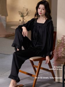 LEZIMENG | Black Snow Silk French Sleeve Pajama Set