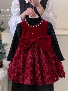 Red Velvet Winter Dress for Girls Baby Girls Fleece Lined Vest Dress Princess Costume Childrens New Years Outfit
