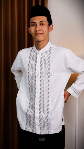 S&D PROJECT Baju Koko Muslim Seri 11 Bahan Polikatun Warna Putih Tulang Jumbo M-4XL Untuk Pria Dewasa Lengan Panjang Motif Bordir