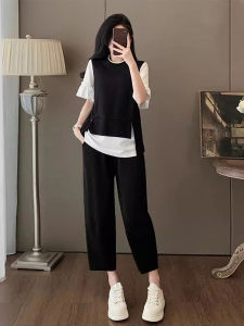 Shalldoer | Fashionable Thin Short Sleeve T-Shirt And Casual Nine-Piece Pants Two-Piece Set For Women Summer 2025 Color Block Design