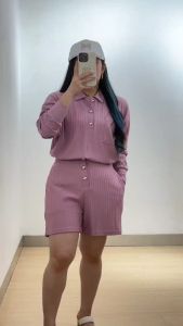 6189 Oriana Collar Button Long Sleeves Knit Short One Set Wanita Kasual