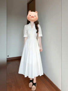 Xzy Plus Size Ladies French Style Work Clothing White Shirt Dress Womens Summer Polo Collar Waist-Tight Long Skirt