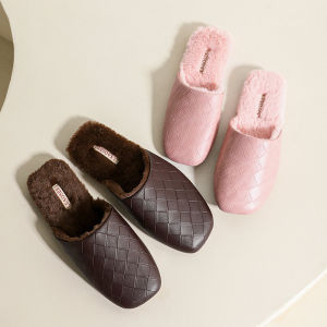 Fancy Chessboard Grid Waterproof Leather PU Leather Cotton Slippers Female Non Slip Soft Bottom Mute Tendon Bottom Home Male Winter