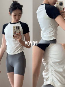 Yoyo Recommended Womens Yoga Fitness Shirt Short Sleeve Elastic Waist Slimming Color Block Running Top Quick Dry Breathable