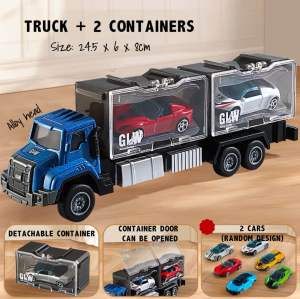 [MUMof2boys] Alloy Container Trailer Truck Toy with Detachable Container & Small Cars – Vehicle for Kids