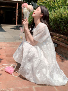 White Bubble Sleeve Dress Womens New 2025 French Gentle Sweet Anti-Aging Texture Tea Break Skirt Korean Style High Waist A-Line Skirt Short Sleeve round Neck