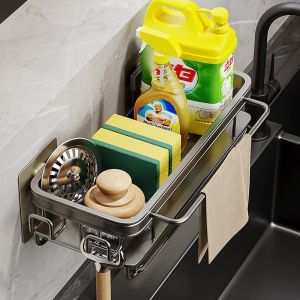 No Drill Adhesive Kitchen Organizer Kitchen Shelf Cleaning Storage Draining Rack Household Detergent Sponge Rack Accessories