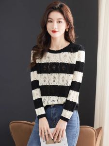 Áo Len Dệt Kim Hở Vai Mỏng Mùa Xuân Cho Nữ Dáng Rộng Cổ Tròn Tay Dài Kẻ Sọc Áo Lót Ngoài Trời Phong Cách Đường Phố