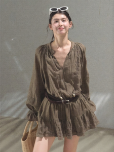 OAKMOO | Bộ Đồ Áo Blouse Tay Bong Bóng Cảm Giác Lụa và Chân Váy Xòe