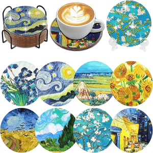 8 pieces/set of diamond painted coasters landscape patterned coasters (with holder) - DIY diamond art craft kit for home decora