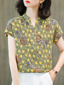 NVSHENJI | Silk Shirt Women Summer Short Sleeve Floral Print Fashionable Authentic Hangzhou Mulberry Silk Top V-neck Korean Style Commute Wind