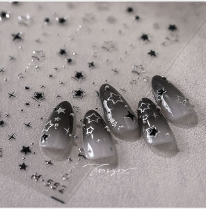 1Pcs 5D Luxury Hollow Celebrity Nail Stickers Silver Black Gold-plated Star Adhesive Nail Decal Hollow Pentagram Manicure Slider