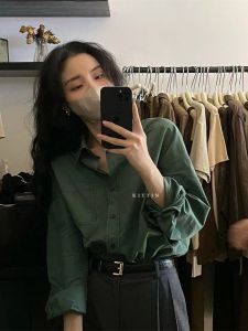 Loose Long Sleeve Green Shirt Womens Base Layer French Style Spring Autumn Lightweight Mature Retro Fashion Polo Collar Cotton