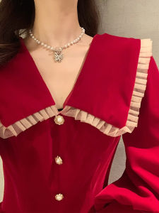 Elegant Red Velvet Doll Collar Wedding Dress for Women Autumn Winter Korean Style Long Sleeve Formal Gown for Engagement
