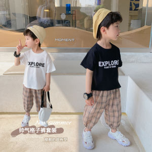 Boys Summer Outfit Set 2025 New Style Trendy Summer Short Sleeve Lantern Pants Two Piece Set Cotton Casual Wear for Kids