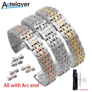 Aotelayer 12 14 16 18 19 20 21 22Mm Rộng Toàn Bộ Không Gỉ Rắn Thép Bảy Hạt Dây Đeo Đồng Hồ Bằng Kim Loại Đầu Phẳng/Khuỷu Tay Hai Công Dụng Dây Đeo Hai Nút Bấm Bướm Kèm Dụng Cụ