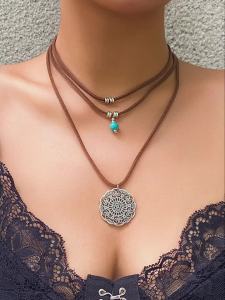 Vòng Cổ Dây Thừng Nhiều Lớp Bohemia Màu Nâu Dành Cho Nữ Với Mặt Dây Chuyền Hình Học Hạt Đá Tự Nhiên Trang Sức Choker Thời Trang