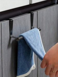 No Drill Stainless Steel Towel Rack Over Cabinet Door Towel Bar Hanging Kitchen Bathroom Towel Holder Storage Organizer Black