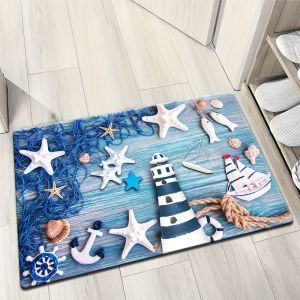 VIKAMA Nautical Lighthouse Starfish Bath Mat Water Absorbent Anti Slip Coastal Ocean Bathroom Floor Rug Home Decor