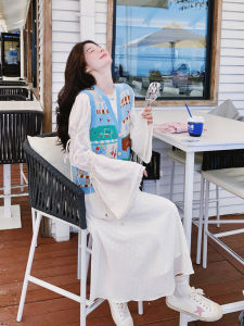 Sweet And Gentle Knitted Vest White Design Cartoon Print Two-Piece Set Dress Spring Autumn New Style Slimming Long Skirt