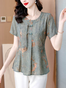 National Style Buckle Cotton and Linen Short-Sleeved Shirt Womens Summer Wear New Arrival Plus Size Loose Blouse Western Style Ladieswear Belly-Covering Coat