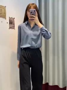 Kiddy Crew เสื้อเชิ้ตผ้าไหมปลอมหญิงการออกแบบความรู้สึกซอกฤดูใบไม้ร่วงใหม่หลวมเสื้อแขนยาวคอวีชีฟองtop