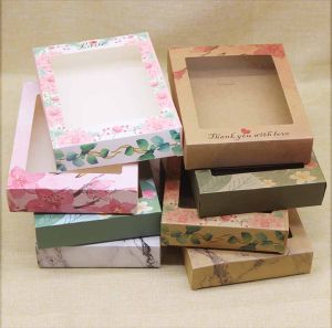 Newest 10pcs Kraft Paper Marbling Thank you Window Box Flower Print Christmas Gifts Candy Wedding Favors Home Party Package Box