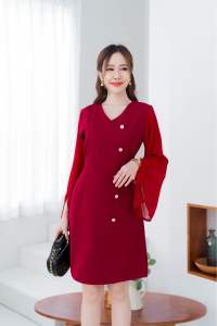 เดรสแขนยาวชีฟองแต่งกระดุม