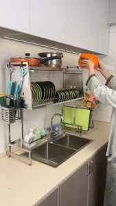 SJorage 304 Over Sink Dish Rack with Cover Stainless Steel Sink Rack Dustproof Kitchen Organizer