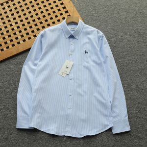 Casual Loose Cotton Oxford Cloth Shirt for Couples with Embroidered Pink Stripes Long Sleeve Polo Collar Commute Style Shirt