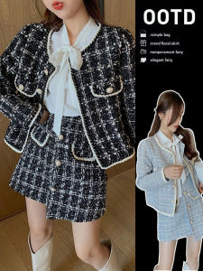 ชุดเสื้อคาร์ดิแกนแขนยาวและกระโปรงสั้นสไตล์นักเรียนแฟชั่นฤดูใบไม้ร่วง/ฤดูหนาว ชุดสองชิ้น ชุดทำงานผู้หญิง ชุดทำงานสไตล์นักเรียน