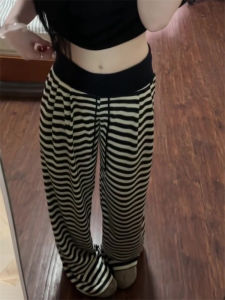 Extended Striped Casual Pants Womens Spring Autumn Drawstring Sports Sweatpants Wide Leg Pants Floor-Length Pants