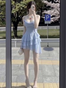 unifittoo | Elegant Blue Strap Flared Dress