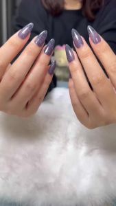 100% HANDMADE Almond shape Artificial Nails Purple Magic Mirror Powder Nail Ice Crystal Stone Cats Eye Nail Phototpy Fake Nail Press on Nail Reusable And Removable With Free Glue