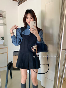 2024 Autumn round Neck Knit Vest Shirt Design Sense Cotton Long Sleeve Button Closure High Waist Skirt Set Korean Style Simple
