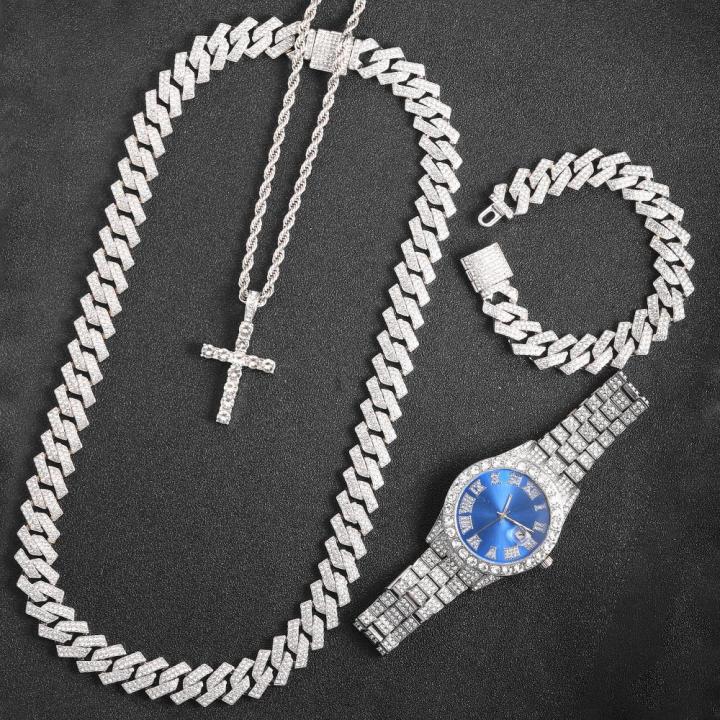 Link Chain Set 16mm Hip Hop Miami Cuban Link Chain Set Necklace +Watch+Bracelet ...