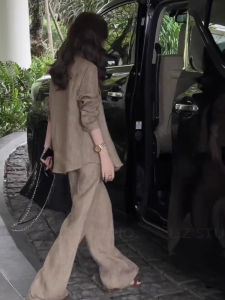 High-End Cotton Linen Womens Casual Sport Shirt Spring Summer Fashion Set Loose Feeling One Whole Set Long Pants Flip Collar