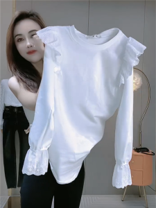 Sweet Hollow out Long Sleeve T Shirt Womens Base Layer Casual Wear Commute Style Loose Fit round Neck mid Length T-Shirt