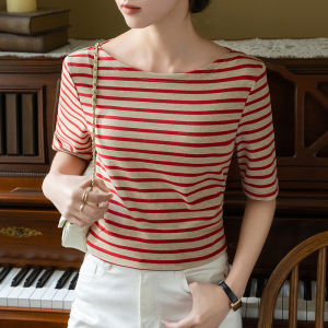 Spring Summer New Style Striped T-Shirt Color Block mid Sleeve Womens Slim Fit Slimming Sailor Shirt Korean Version Commute