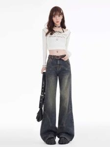 สไตล์อเมริกัน Retro High เอว ก้นกระดิ่ง เดนิม กางเกงยีนส์ ผู้หญิง ฤดูใบไม้ร่วง ฤดูหนาว New Loose พรางหุ่น ผ้าขนแกะ กางเกงขาตรงขากว้างผ้าม่านมีเส้น