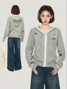 BAIDAIFEI | Hooded Zipper Lazy Spring Autumn Grey Knitted Outerwear