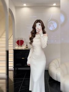 NIUVIES | Đầm Knit Trắng Phong Cách Pháp Dài Tay Ngang