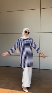 ELQIA - Atasan T-shirt Salur Oversize Tunik Kaos Wanita Cotton Stripe Lengan 7/8