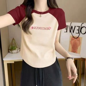 Summer New Arrival Niche Style Short Sleeve T-Shirt Womens 95 Cotton Regular Sweet Asymmetrical Patchwork Contrast Color Figure Flattering round-Neck Blouse