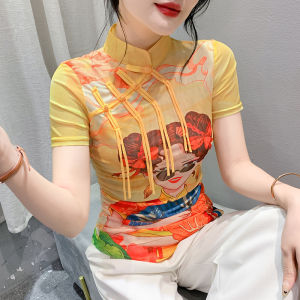 Áo Phong cách Trung Hoa cổ Yimei khí chất tay ngắn nữ áo thun nút lên in thời trang áo nhỏ lưới gợi cảm