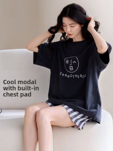 MiiOW | Pure Cotton Summer Sleepwear Womens Short Sleeve Home Clothes Set With Chest Pad Outerwear MiiOW Cat Person Brand