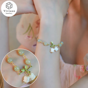Viviann Original sterling silver Flower Dream Lily of the Valley Hetian Jade Flower Bracelet Girls Gold Bracelet  Luxury Retro Female Bracelet Charm Bracelets & Bangles Charms Bracelet For Women Fit Brand Jewelry