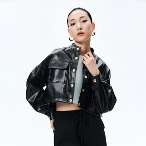Peacebird Womens Spring New PU Jacket Street Style Loose Fit Short Coat Long Sleeve Stand Collar Button Closure Ladies Outerwear