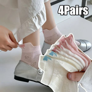 4Pairs Japanese Bow Short Socks for Women Girls Lace Sweet Bow Sock Casual Cotton Lovely Mesh Boat Sox Streetwears Summer Thin Sock